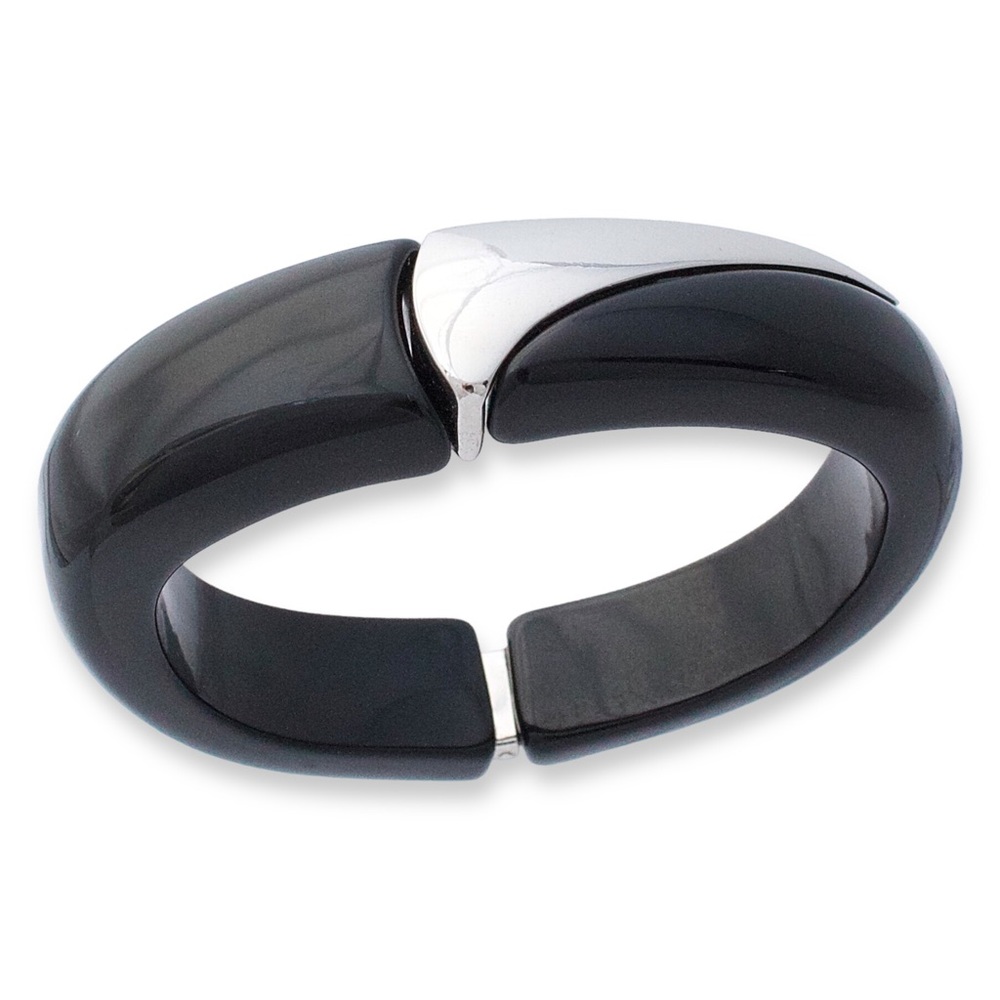 Vintage Black Lucite Plastic Hinged Clamper Bracelet Silver Tone Modernist